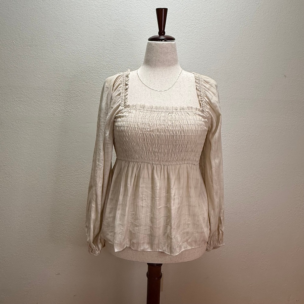 BaeVely Milkmaid Cottagecore Peasant‎ Long Bell Sleeve Smocked Top Women Small
